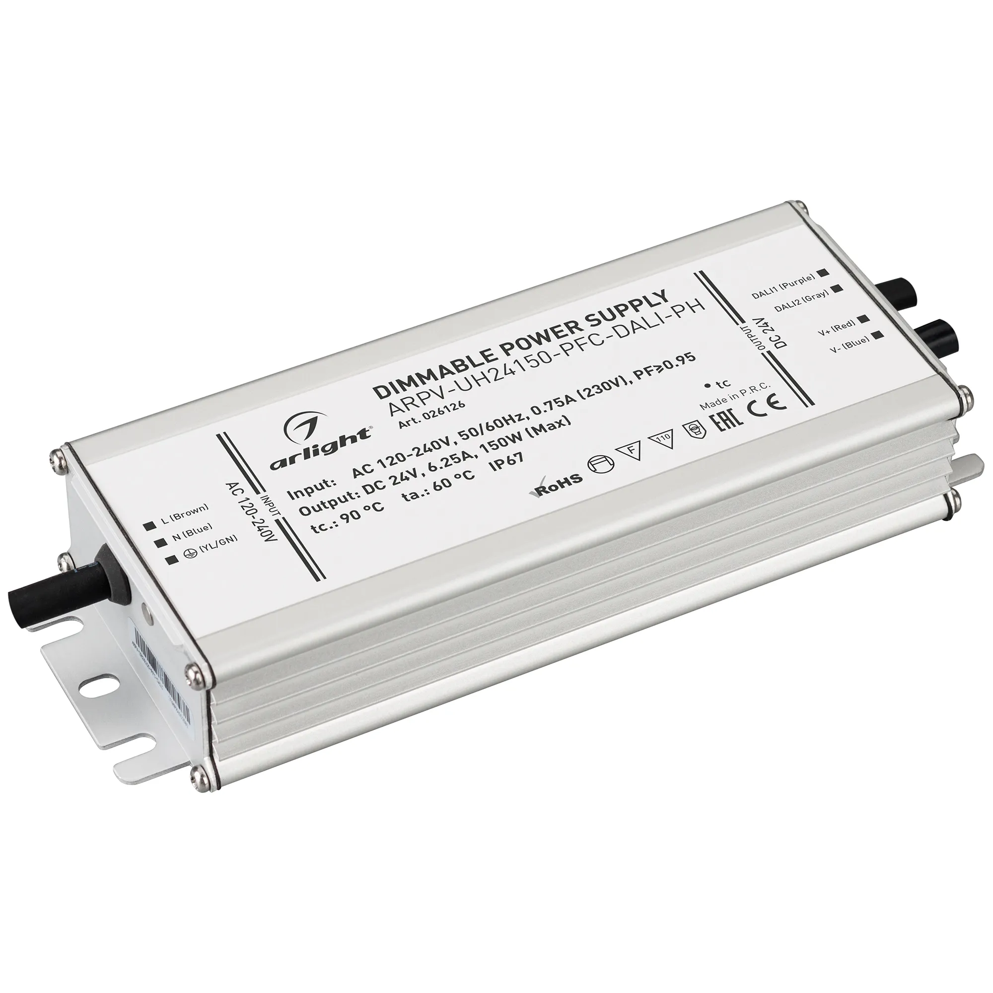 Блок питания ARPV-UH24150-PFC-DALI-PH (24V, 6.3A, 150W) (Arlight, IP67 Металл, 7 лет) - изображение товара